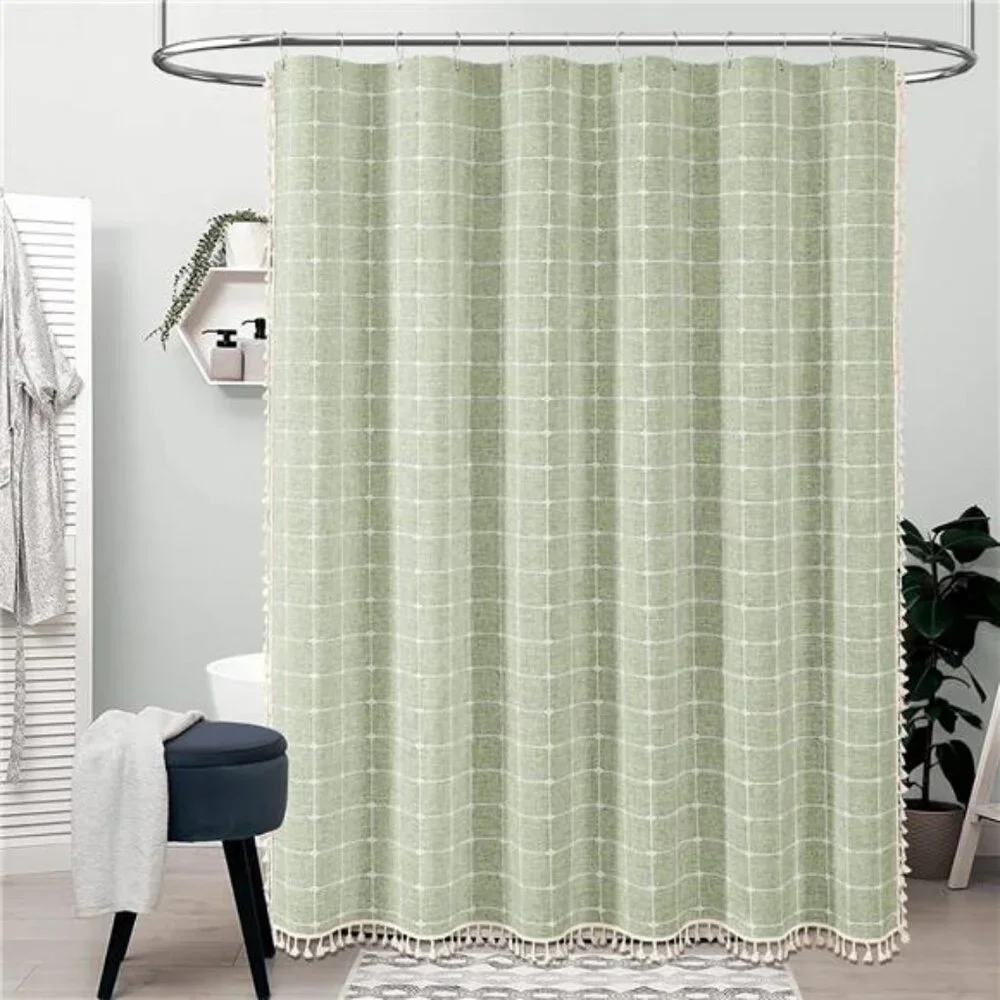 Boho Farmhouse Shower Curtain, Linen Rustic Heavy Duty Fabric Shower